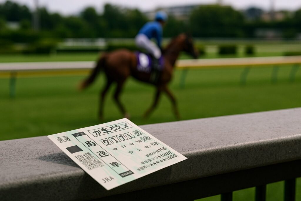 競馬場で撮影された日本のレース風景と馬券のイメージ。競馬回収率平均を解説する記事の導入に最適な構図