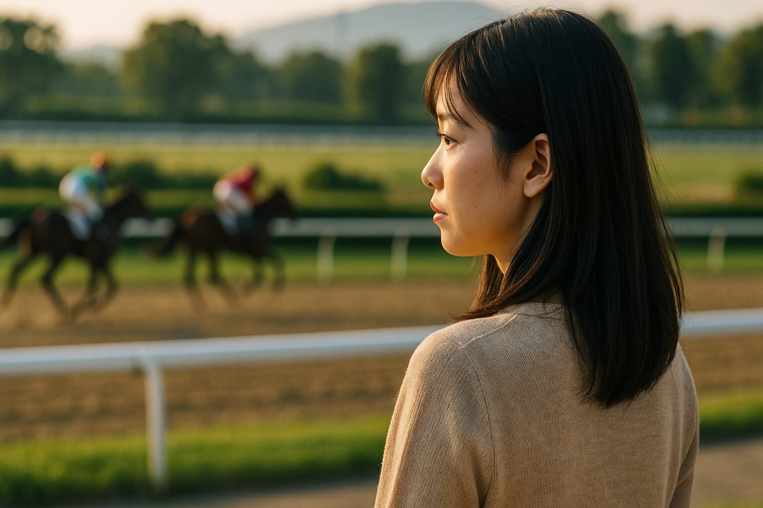 競馬のサインを見つめる女性と馬場