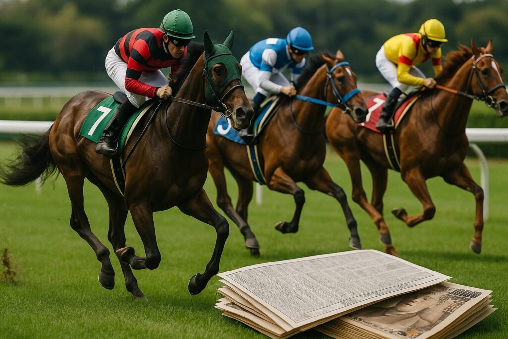 競馬場のレース風景と観客席