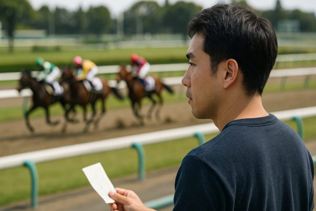 日本の競馬場でレースを見つめる日本人男性と走る競走馬。ヒモ候補が3着に絡むイメージを表現