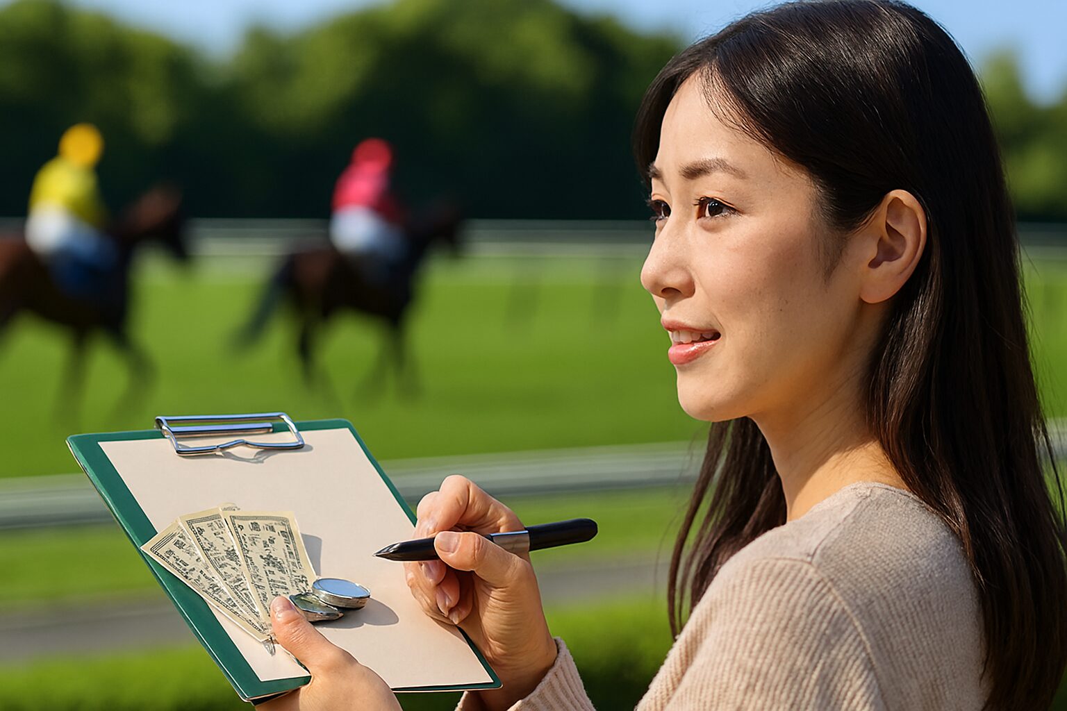 競馬予想に集中する日本人女性の横顔
