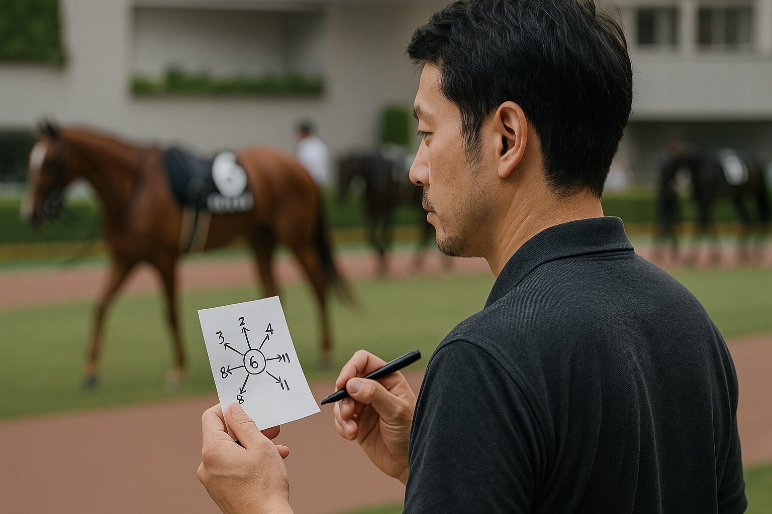 3連複一頭軸5頭流しの点数を考えている男性