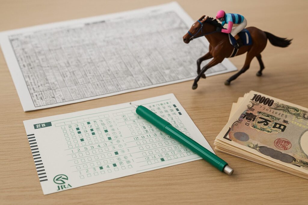 競馬場で馬券を確認する日本人女性の横顔（3連単軸1頭流しの実践イメージ）