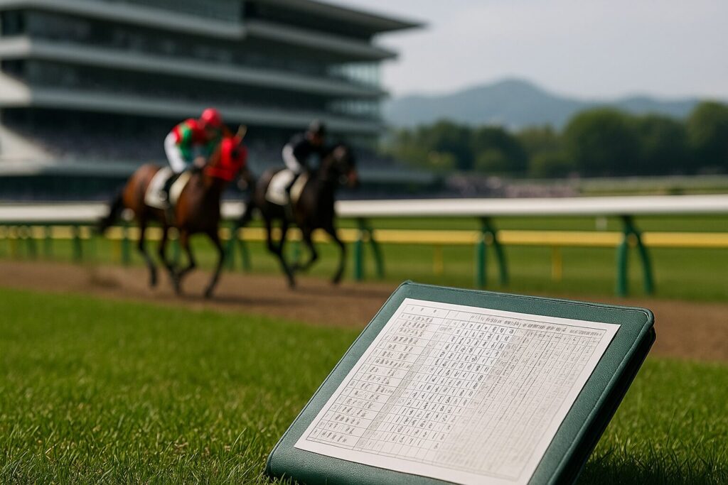 競馬場で走る馬と出走表の情景。本命・対抗・大穴の意味を象徴する構図