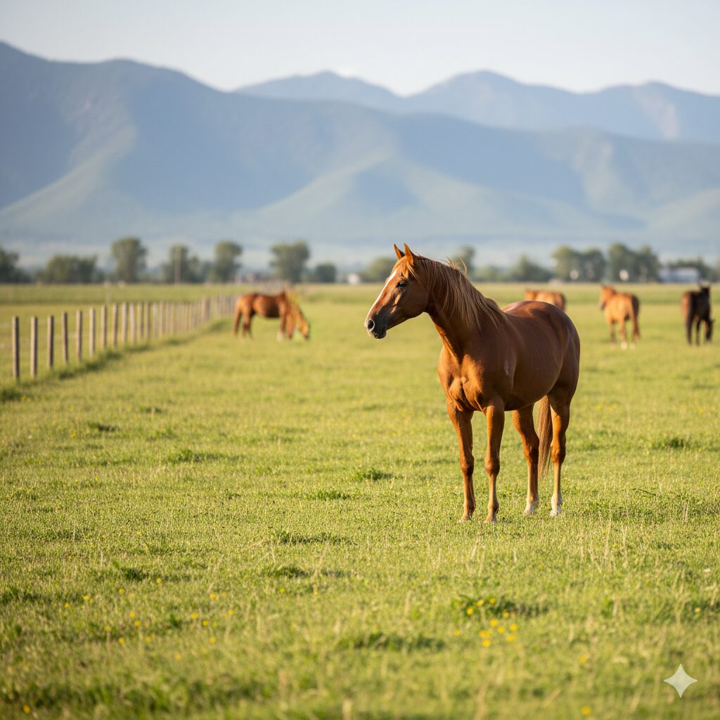 外厩施設の全景イメージ、競走馬の調整が行われる広大な敷地と厩舎