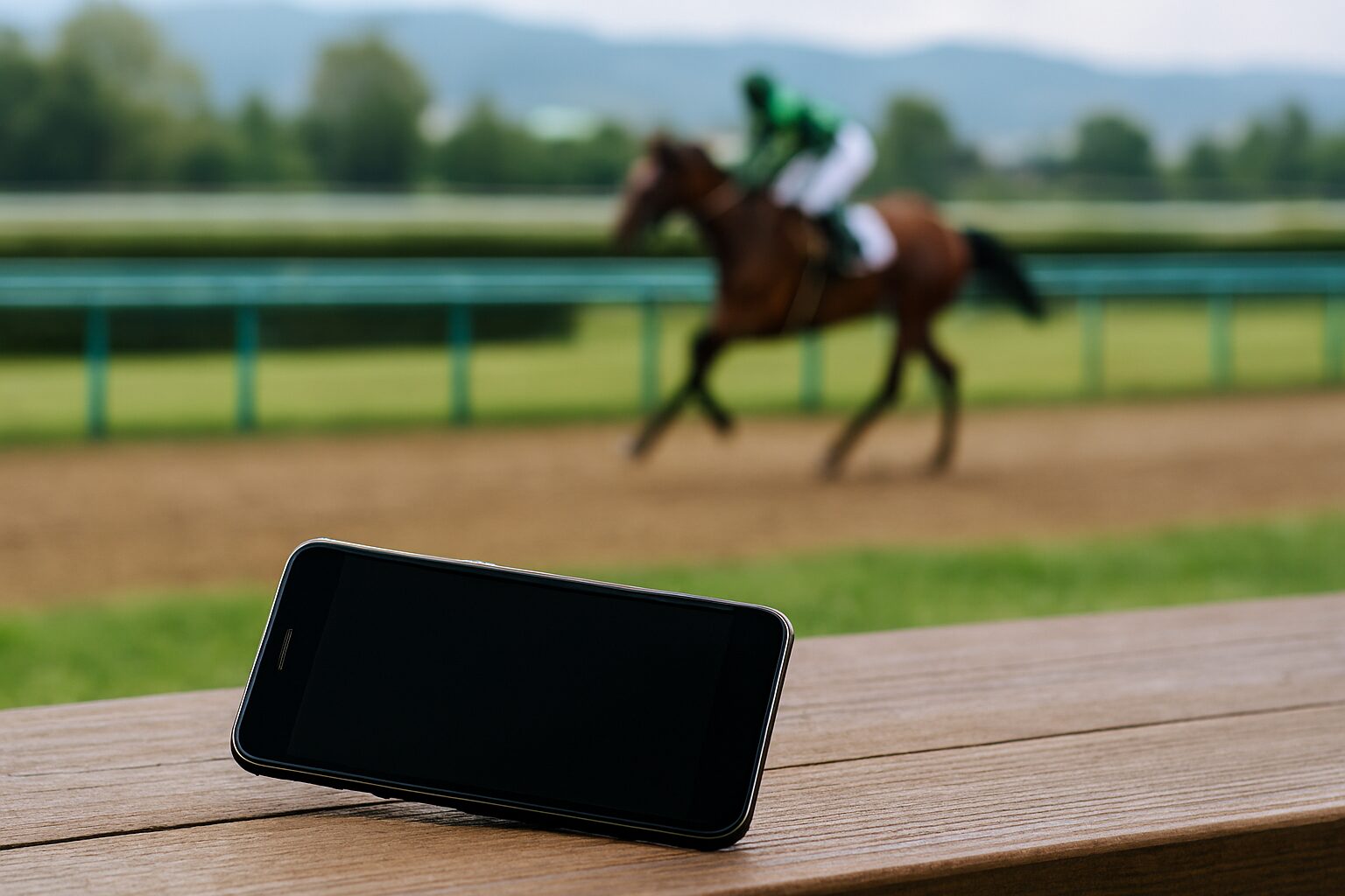win5計算アプリを連想させる競馬場の芝とスマホ