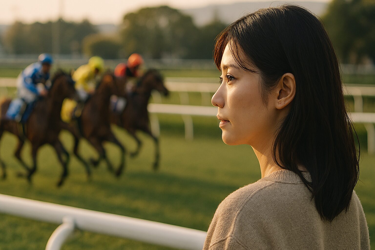 win5 3頭ずつを見守る女性の背中