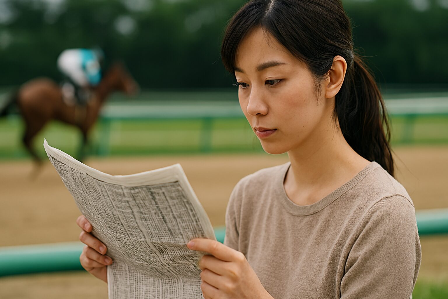 競馬必勝法新聞だけで勝つ方法を読む女性