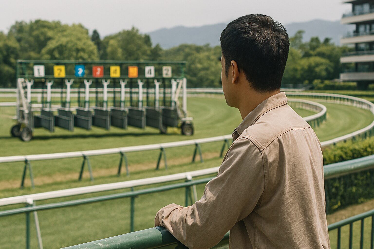 京都競馬場で枠順を見つめる男性