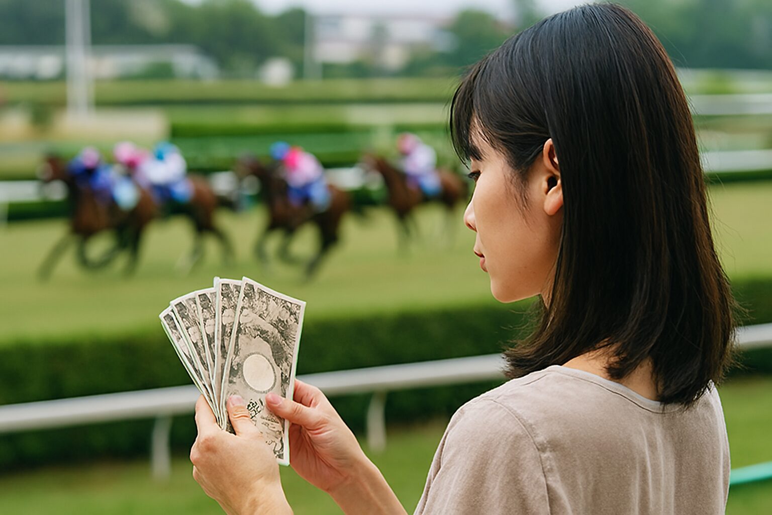 競馬大口投票を見守る日本人女性