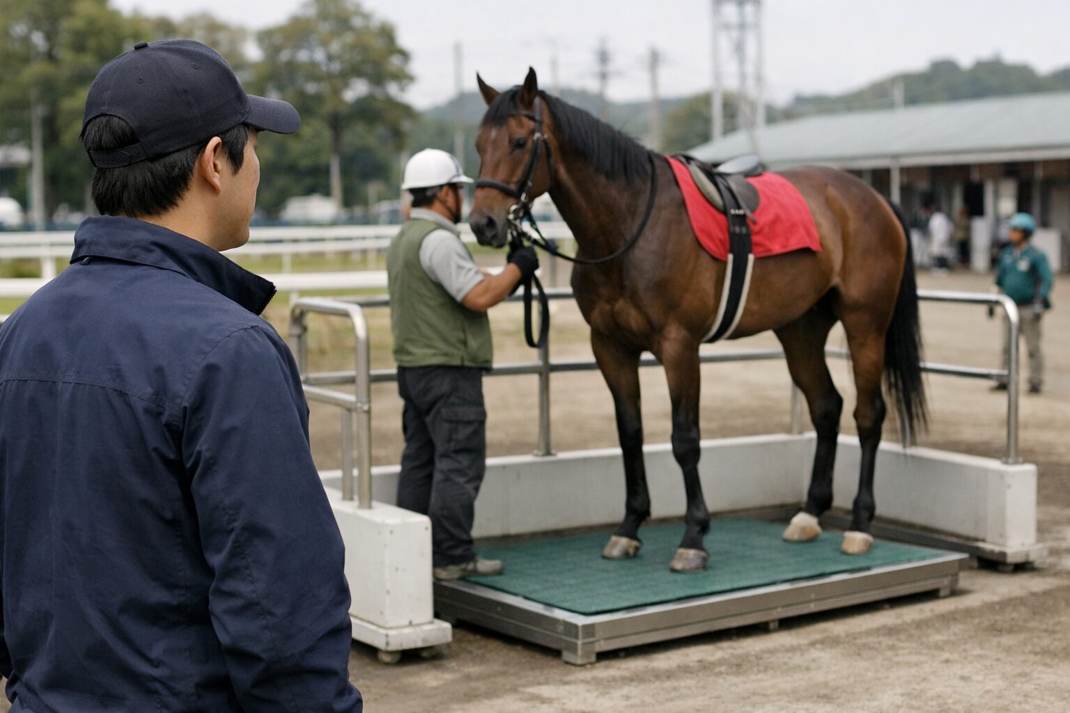 日本人男性が馬の体重を確認