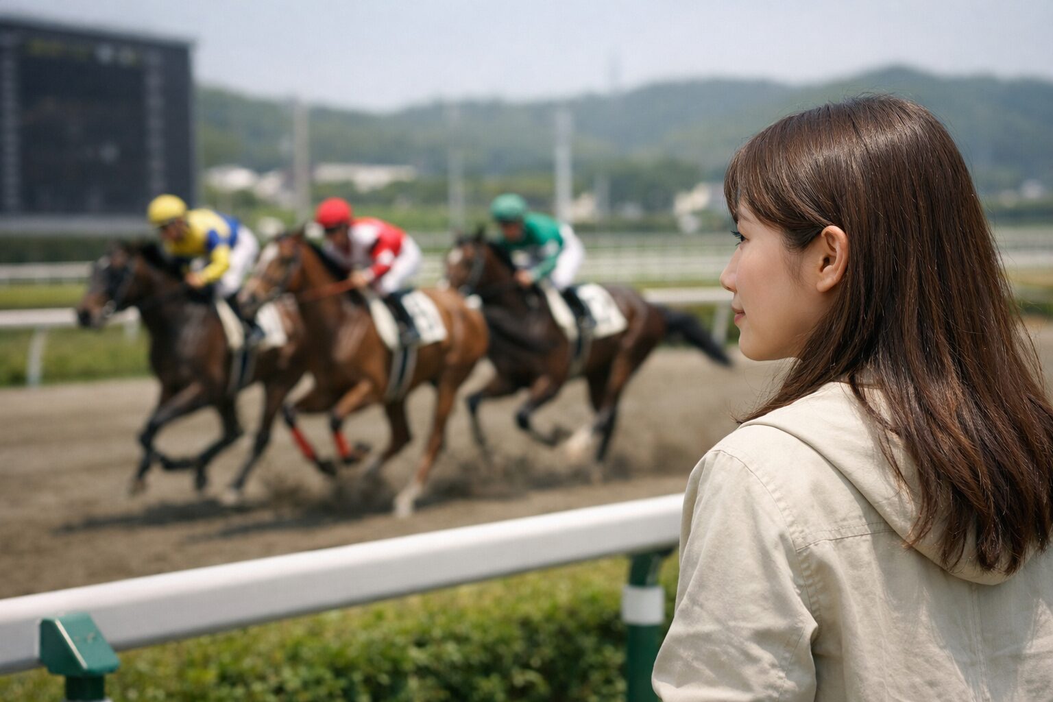 日本人女性が3歳未勝利を見守る競馬場