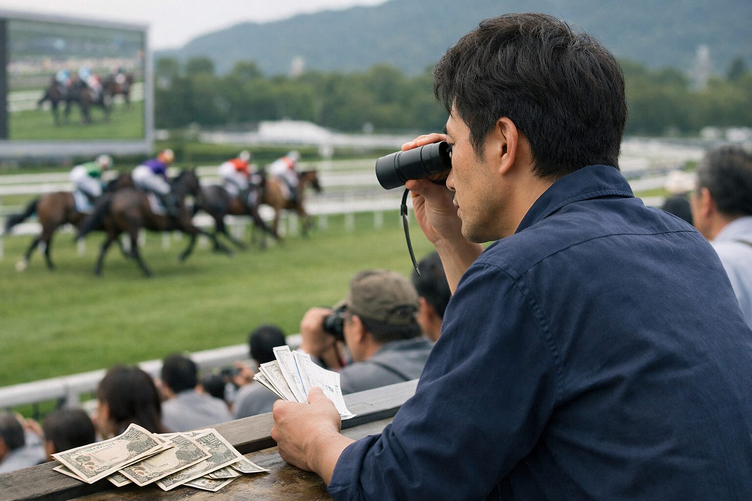 競馬を観戦する日本人男性の様子