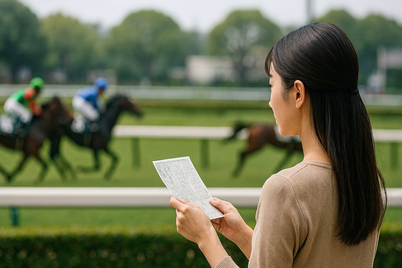 日本人女性が競馬場で3連複ヒモを見守る
