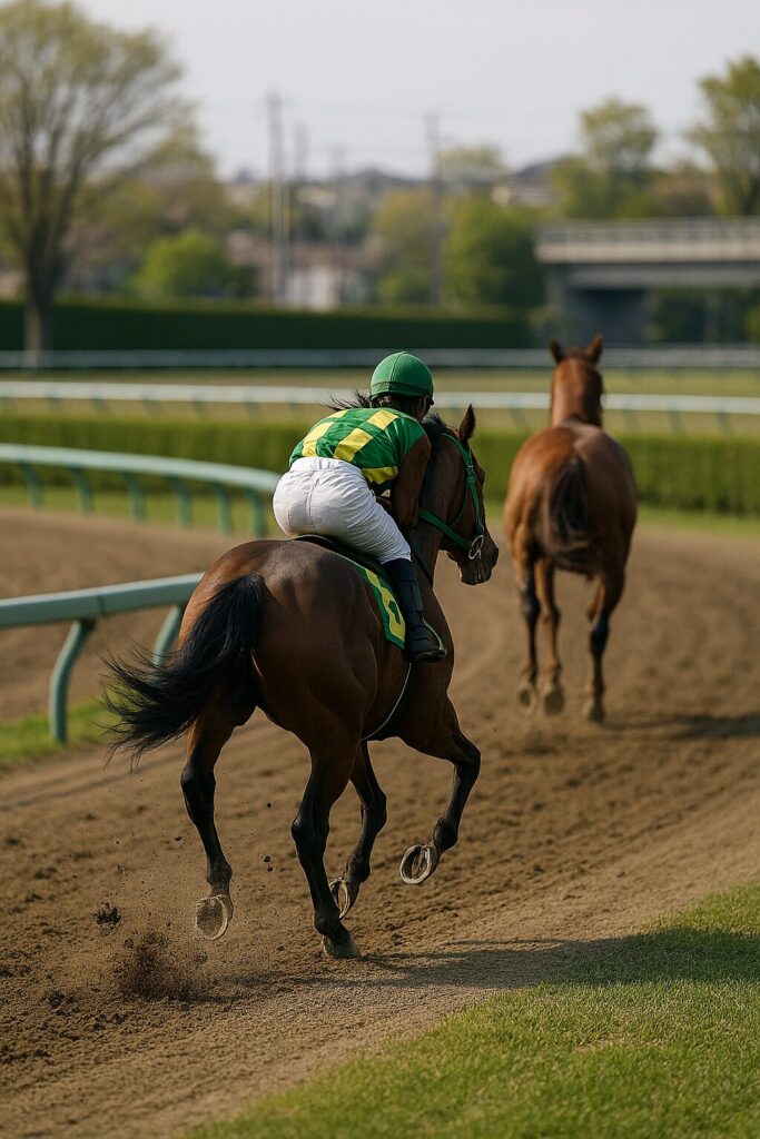 日本人男性が競馬で追い上げる場面