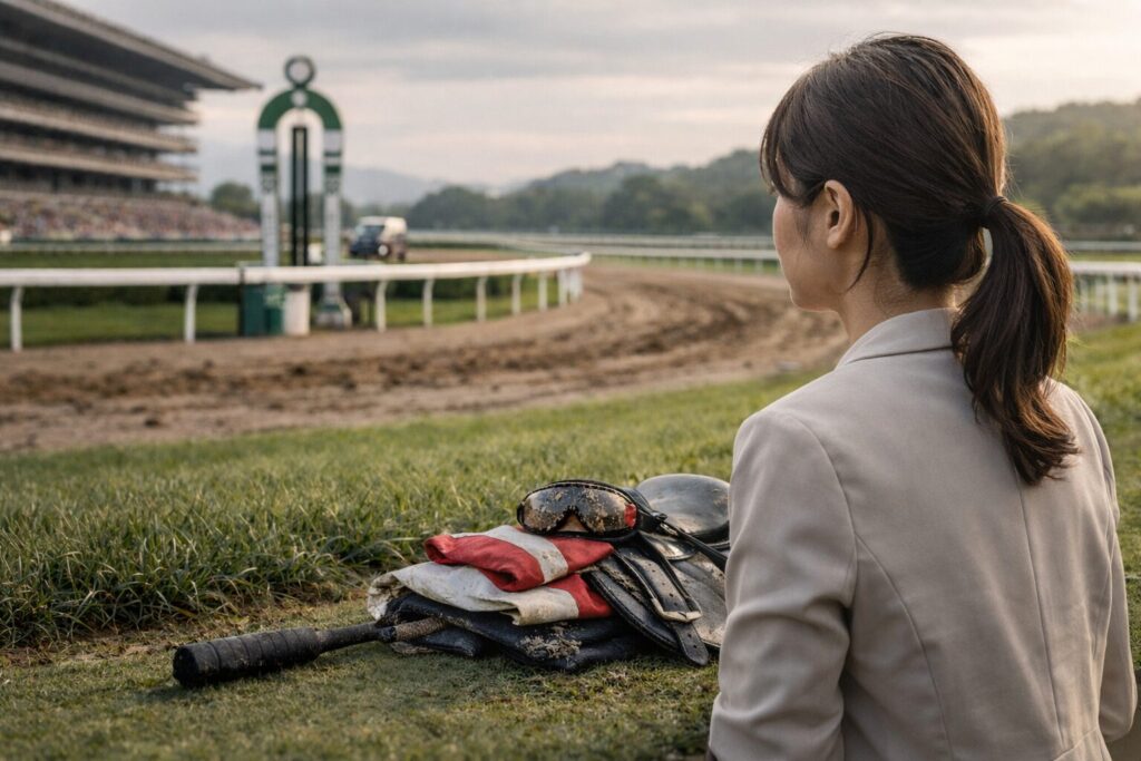 日本人女性が見る競馬レース後の場面
