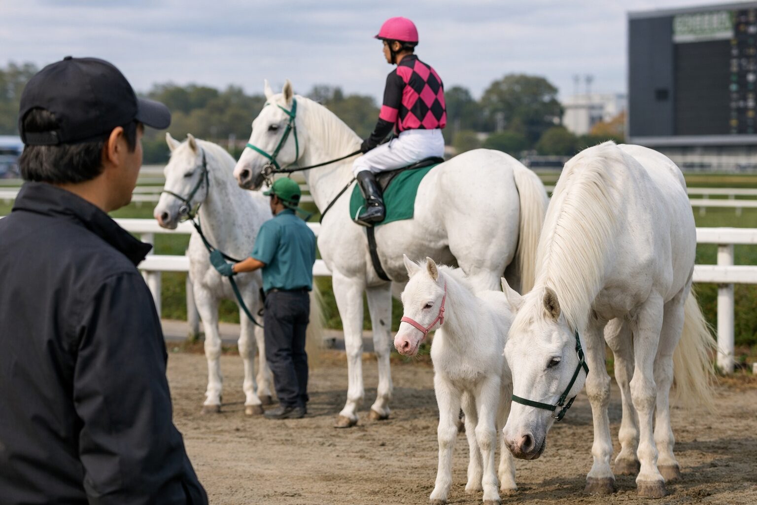 日本人男性が白毛馬を確認する様子