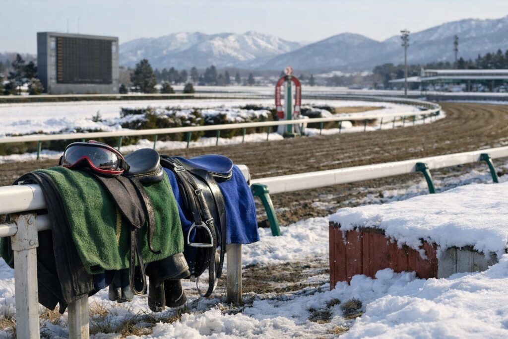 雪上を駆ける競走馬の冬競馬