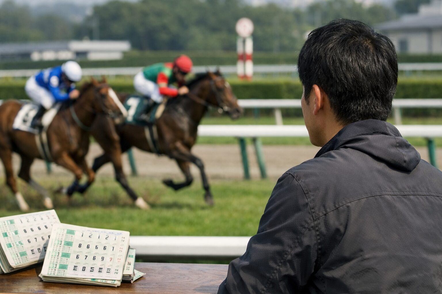日本人男性が縦目の競馬を観戦する様子
