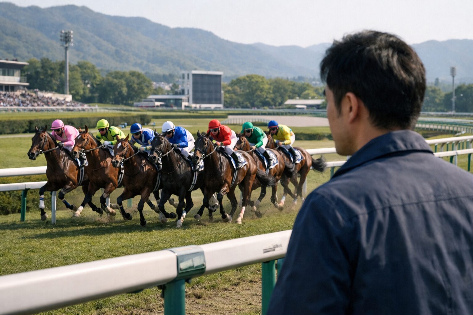 日本人男性が複数の競走馬の走りを見守る場面