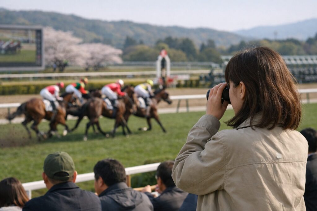 日本人女性が競馬シーズンの走行を観戦する様子
