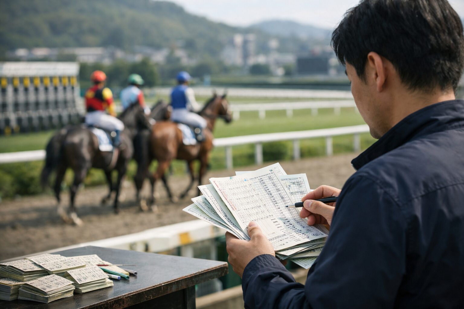 日本人男性が競馬の点数を確認する様子
