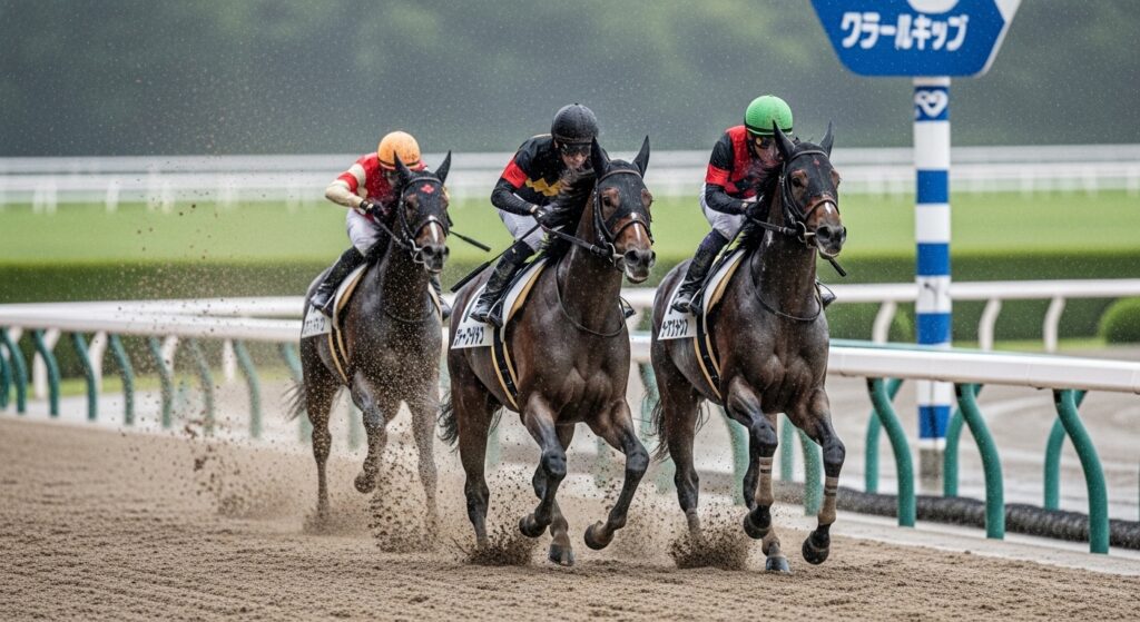 ツル首の馬がレース中