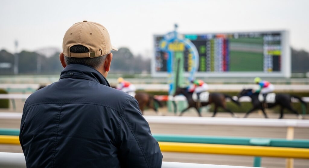 不良馬場で強い血統を研究する日本人男性