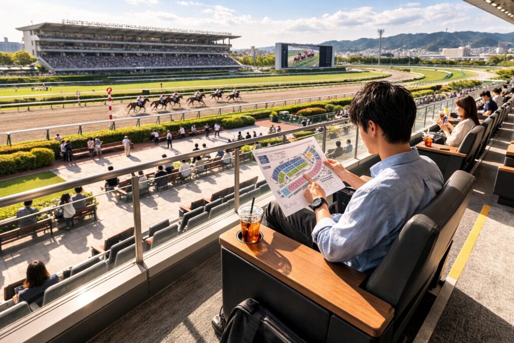 阪神競馬場スマートシート座席表を見る日本人男性