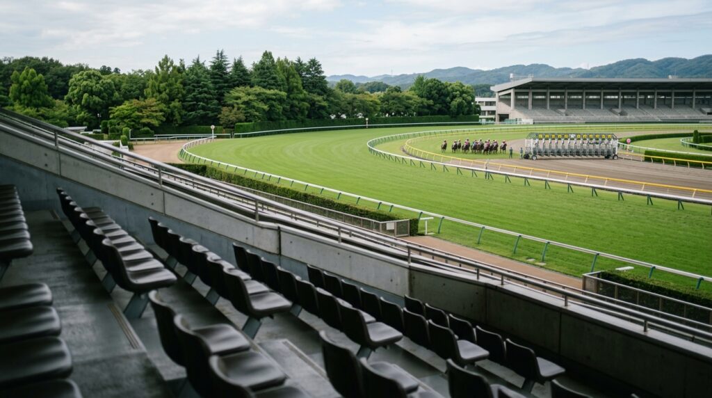 競馬初心者女子向けに競馬場デビューの楽しみ方を紹介する観客席とレースコースの風景