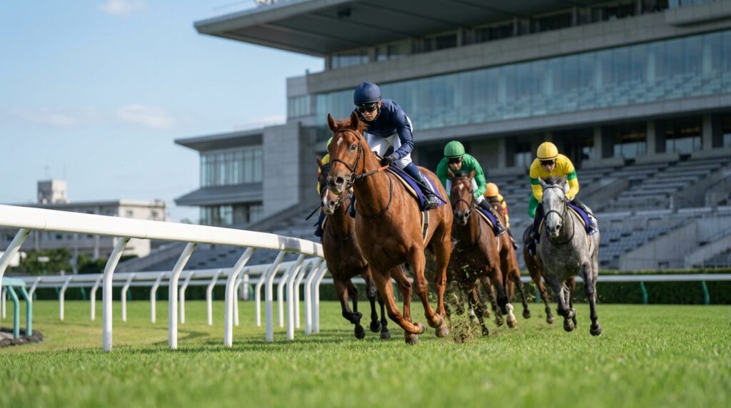 競馬の不思議な法則やレース展開の傾向をイメージさせる競走馬の走行風景を表すイメージ画像