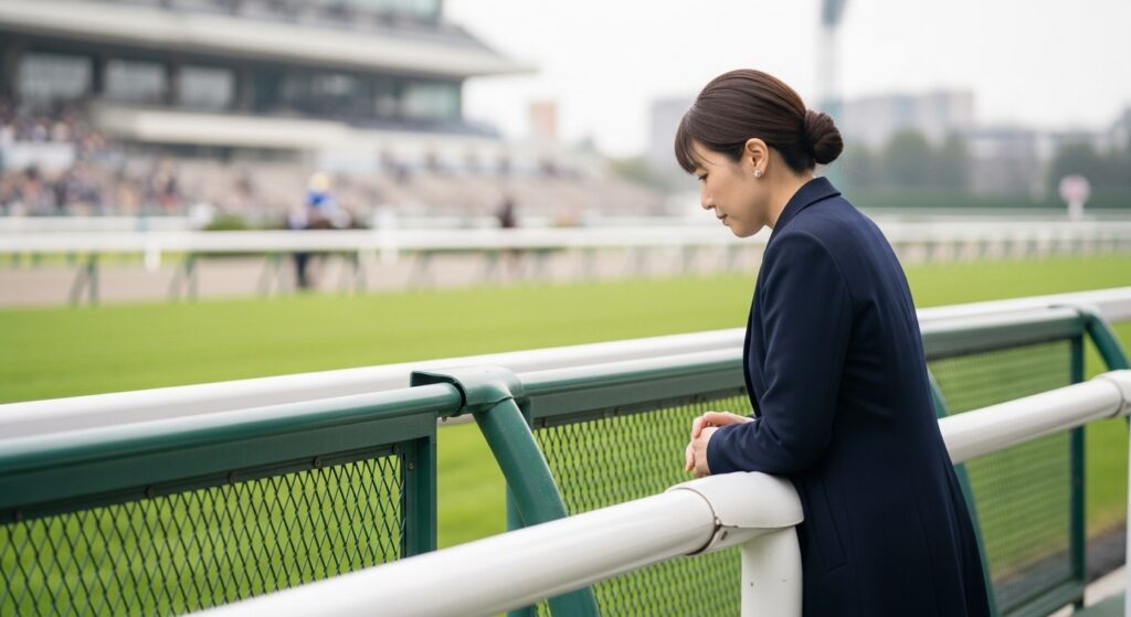 神経質な馬を確認する日本人女性の様子