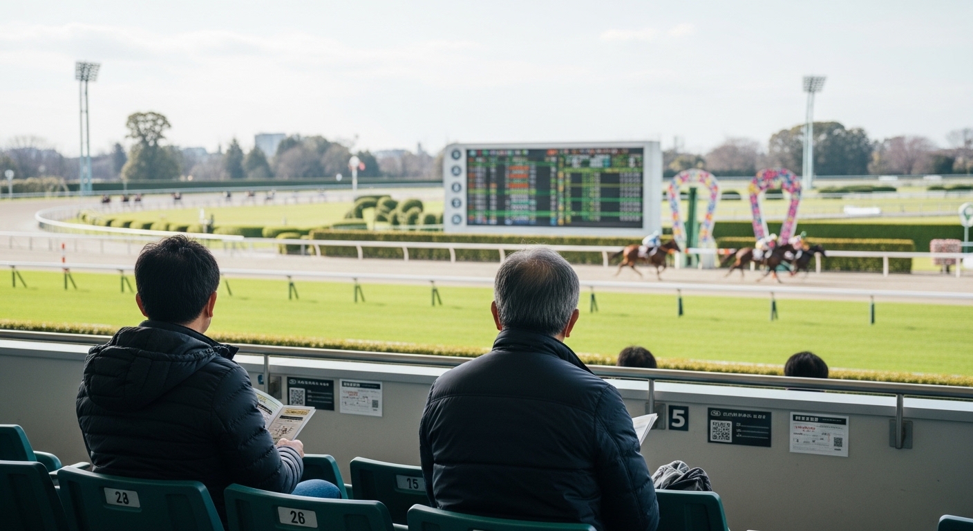 阪神競馬場で観戦する日本人男性と指定席