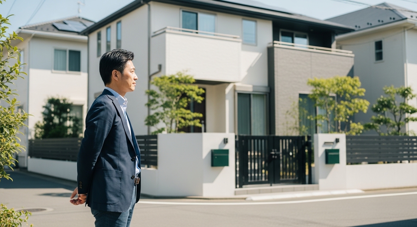 豪邸前に立つ日本人男性の生活感