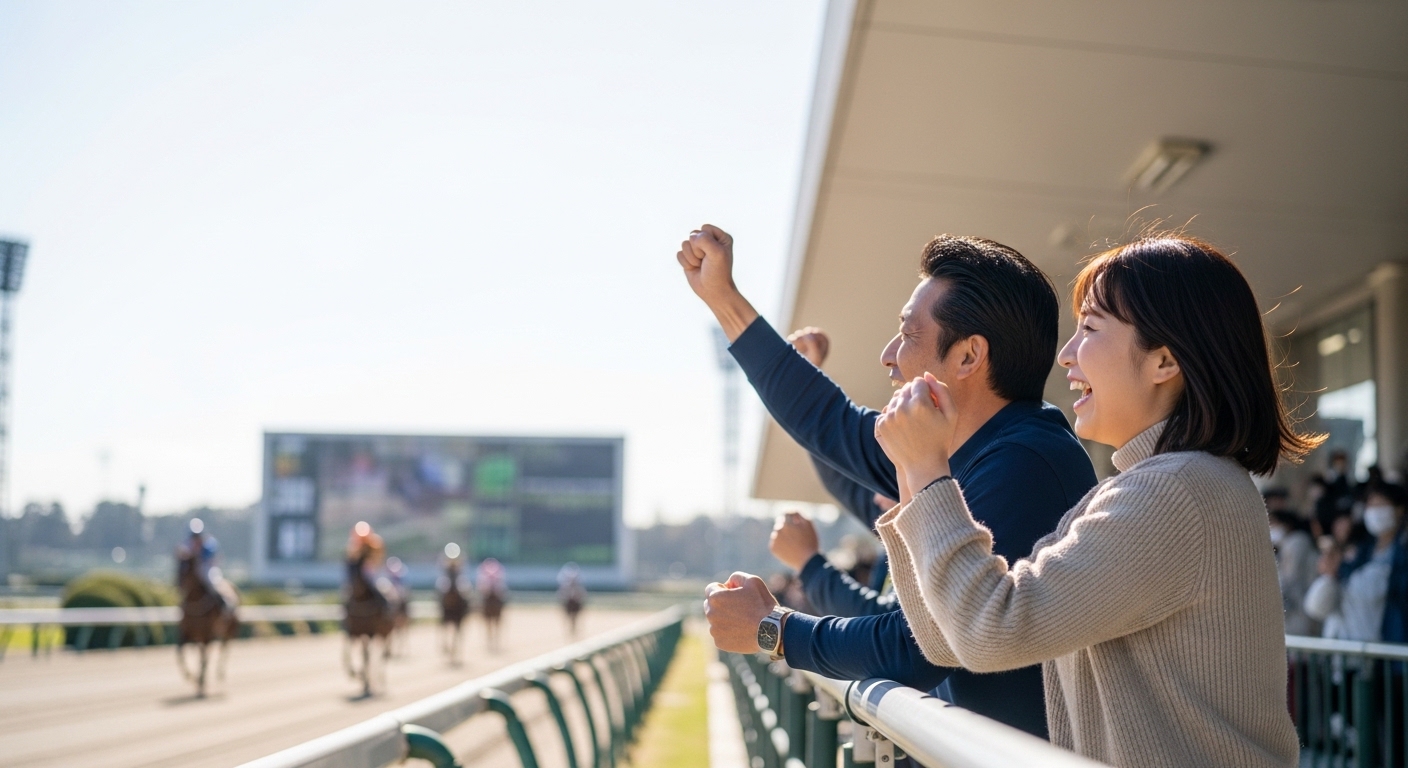 競馬新聞を手に取って応援する日本人女性の様子