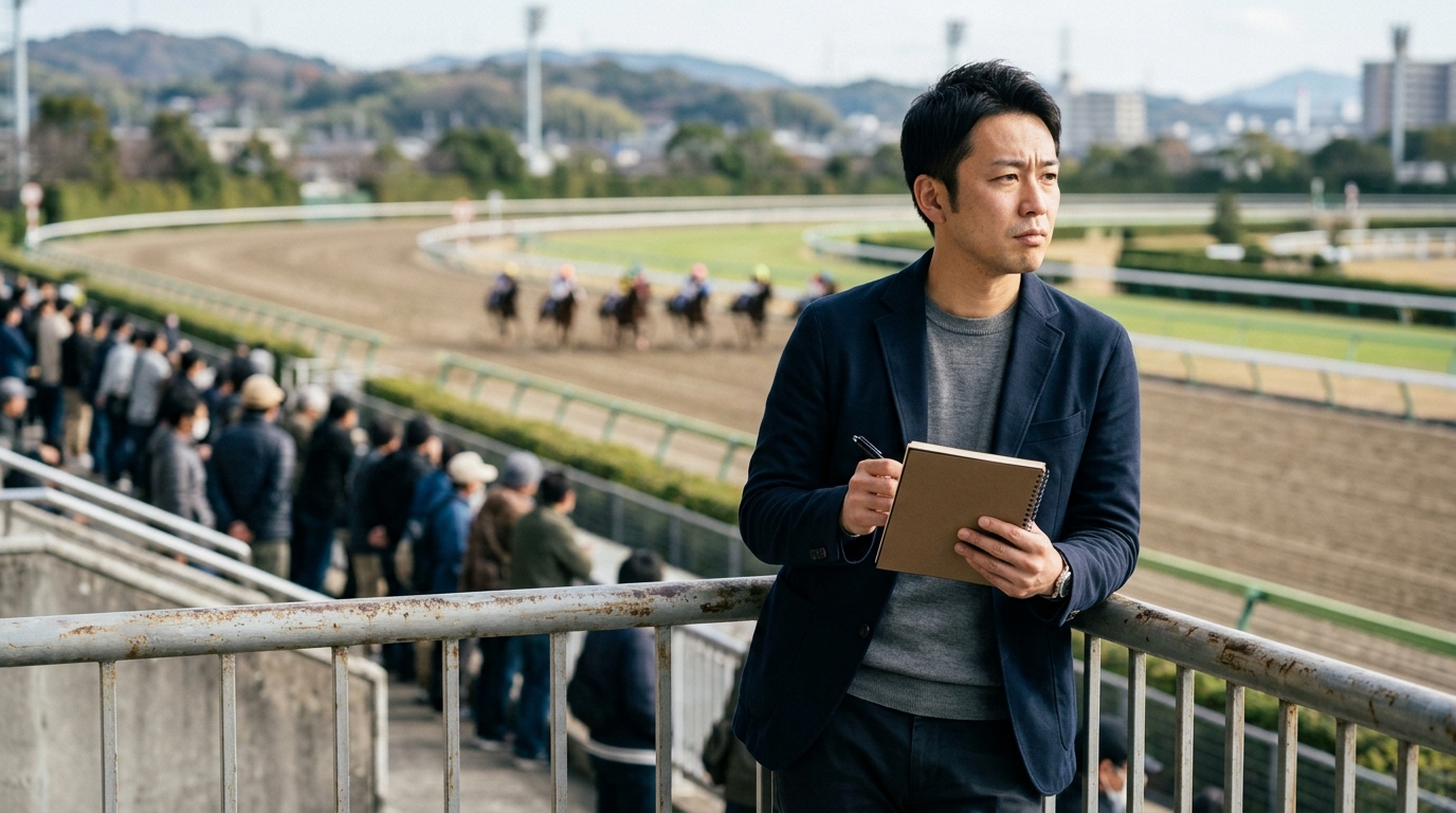 競馬予想の鉄板情報を信じて馬券を検討する男性が、過信によるリスクを意識しながら冷静にレース分析する場面