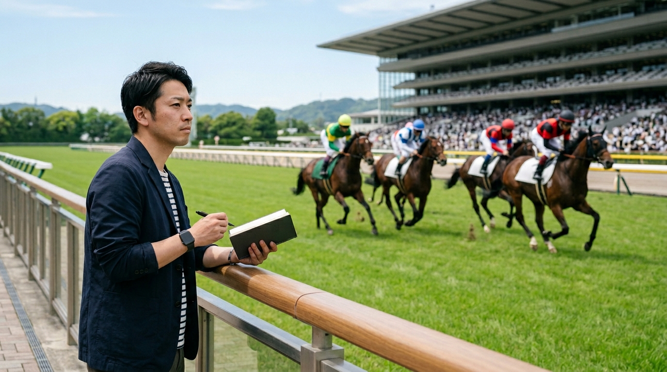 競馬の不思議な法則について考えながら、レースを見つめる男性と疾走する競走馬を表現したイメージ画像