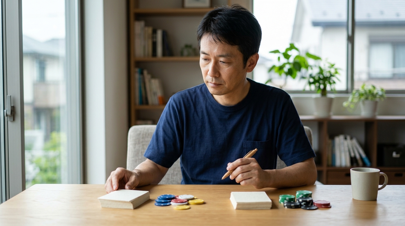 ギャンブルで勝てる人・勝てない人の違いを考えながら、競馬の予想や結果を冷静に分析する男性を表すイメージ画像