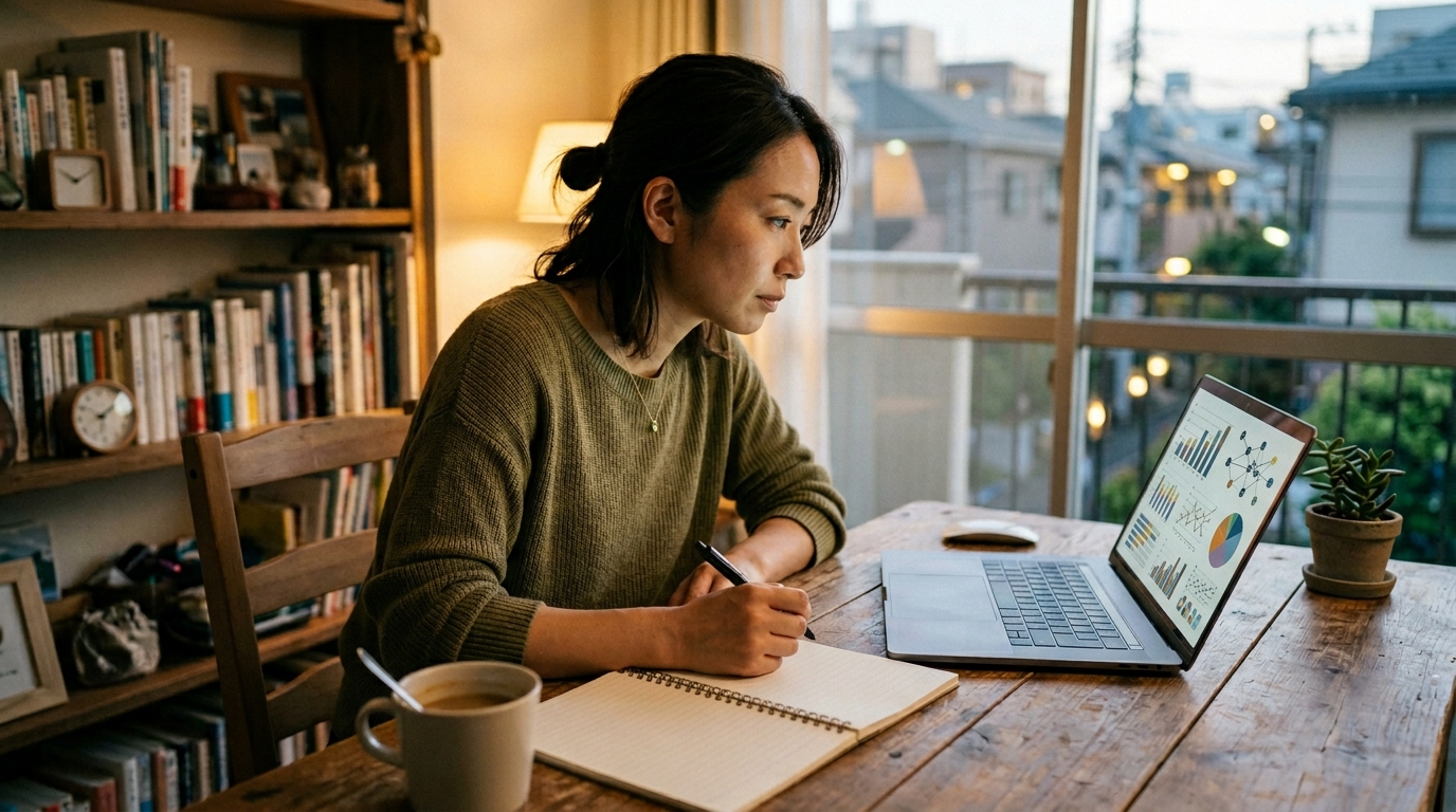 競馬好きの女性がカフェでノートPCを開き、平日に競走馬データを比較しながら週末予想を楽しむ風景