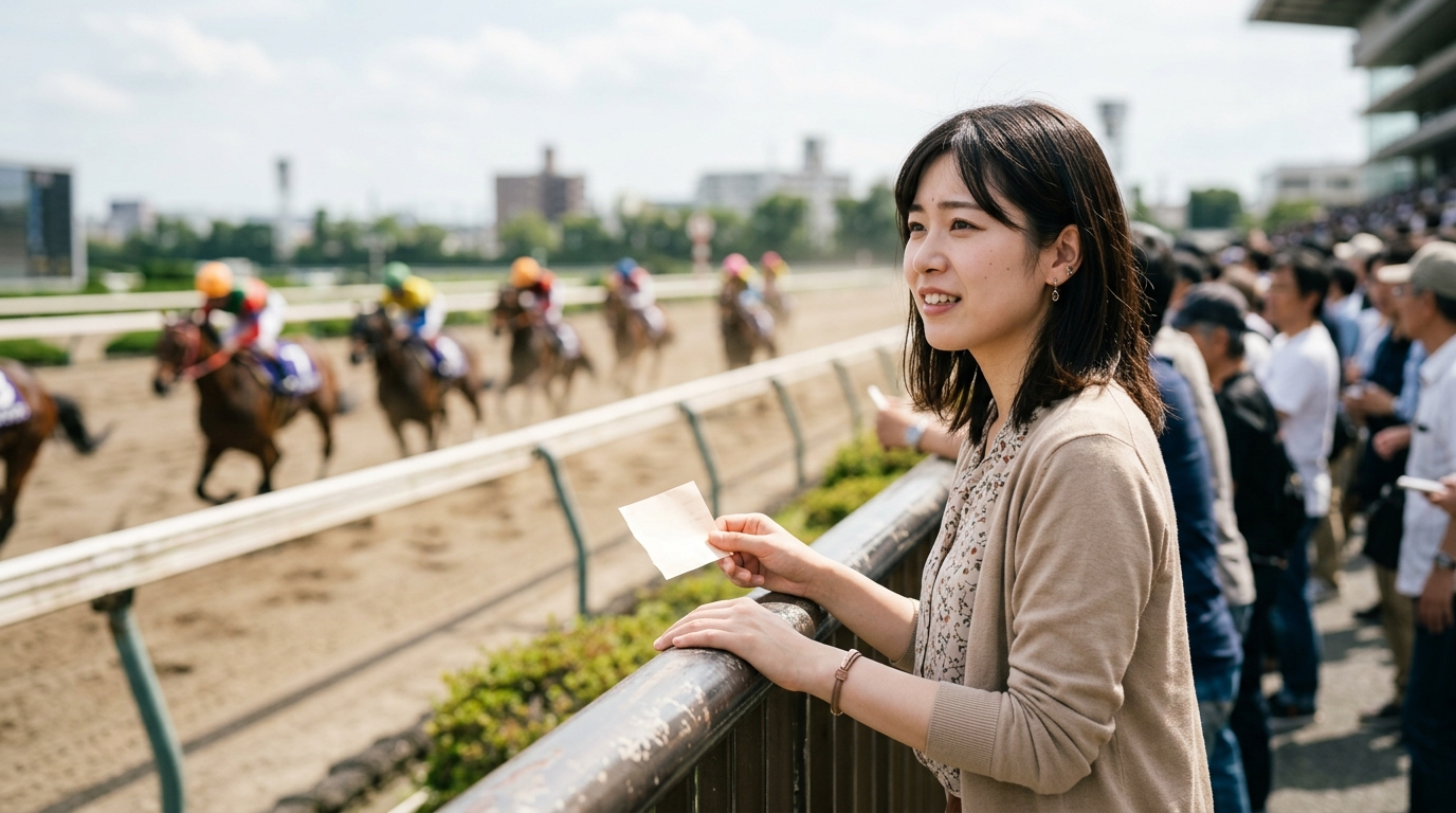 競馬初心者女子が競馬場デビューで観客席からレースを眺め、非日常の空気を楽しんでいるシーン