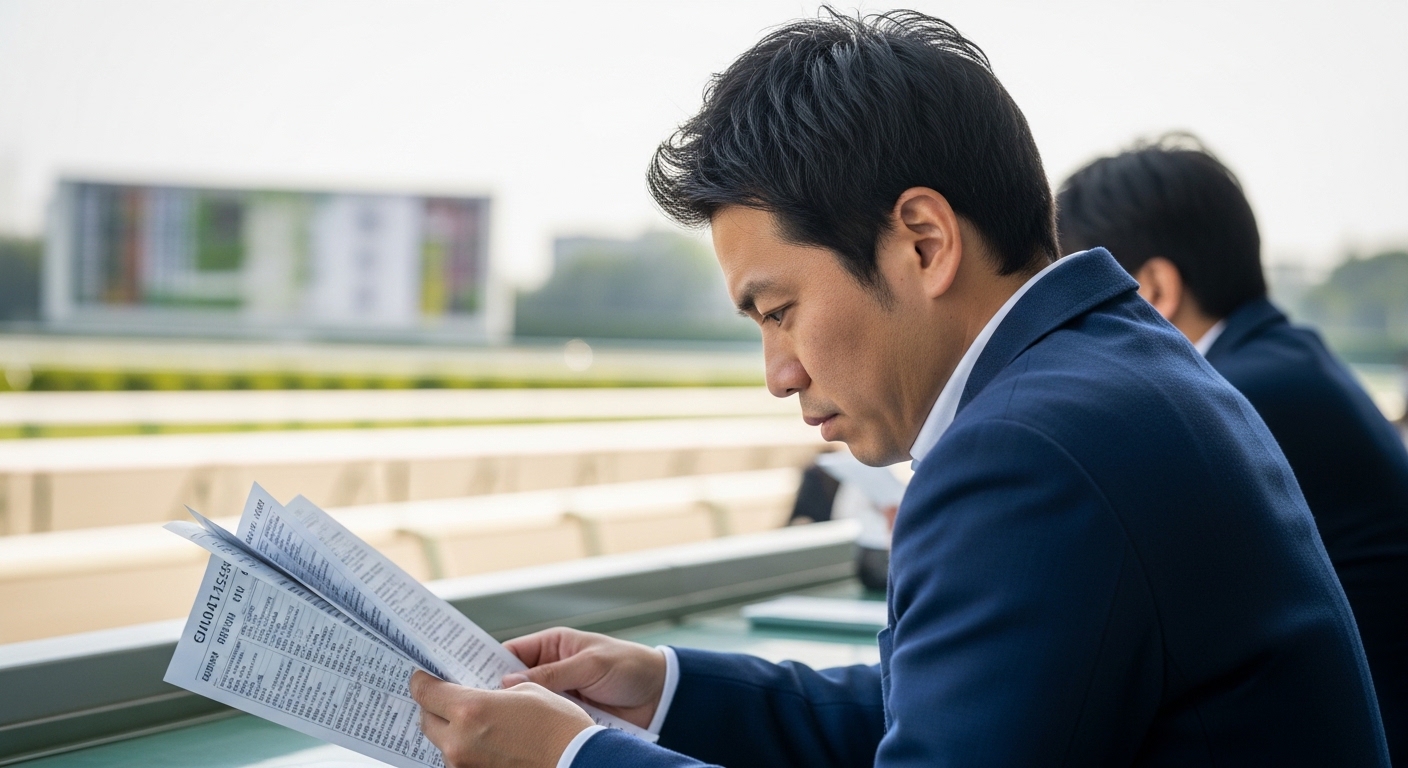日本人男性が競馬の穴馬を分析する様子
