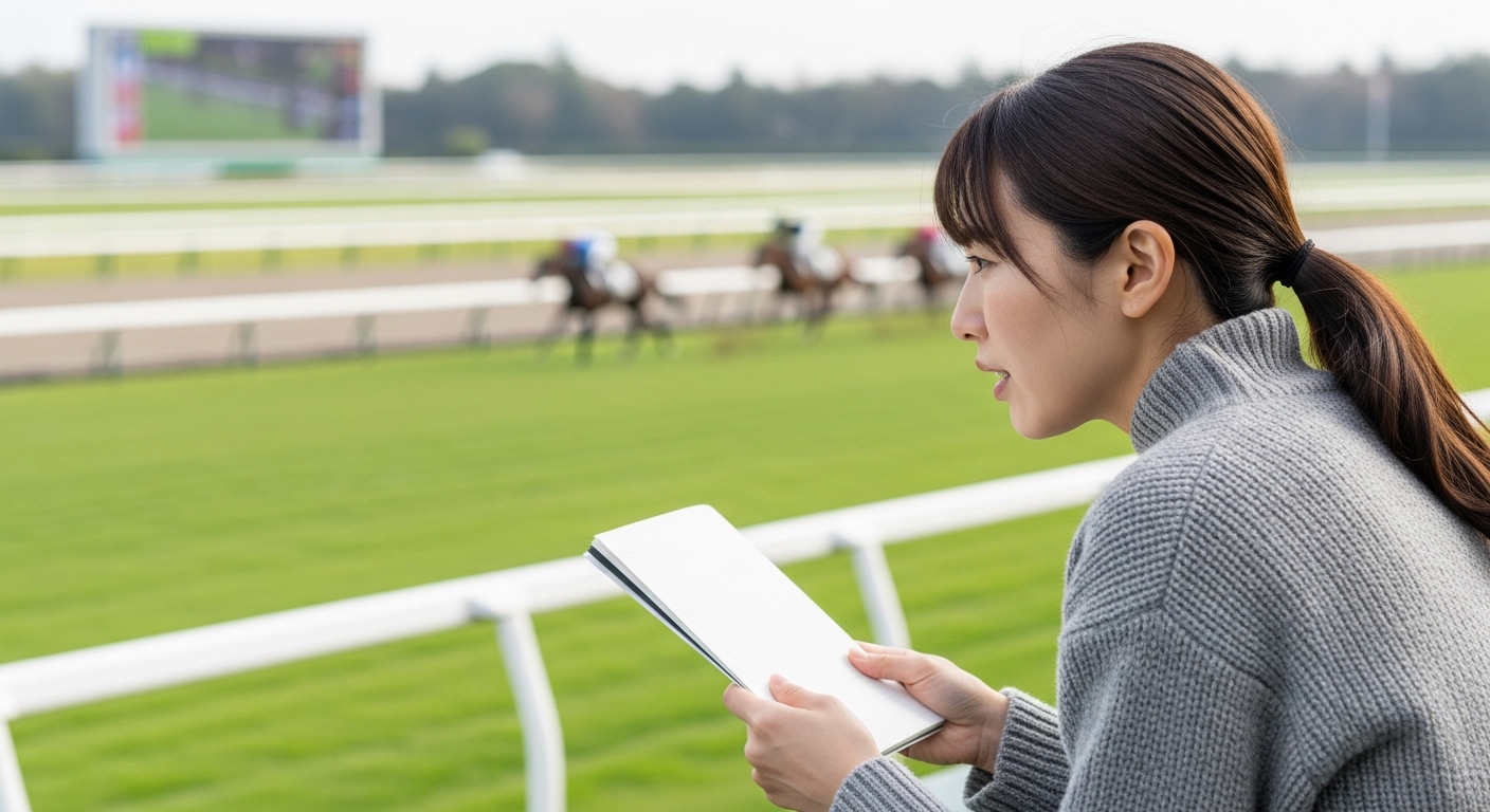 日本人女性がコース別成績を確認する様子