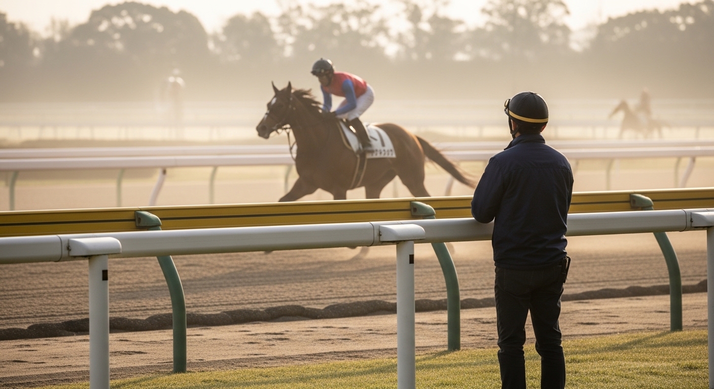 日本人男性が馬の追い切りを観察する様子