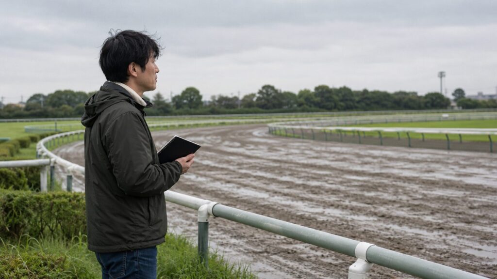 重馬場の競馬レースで芝とダートの違いを踏まえた予想戦略を表すイメージ画像