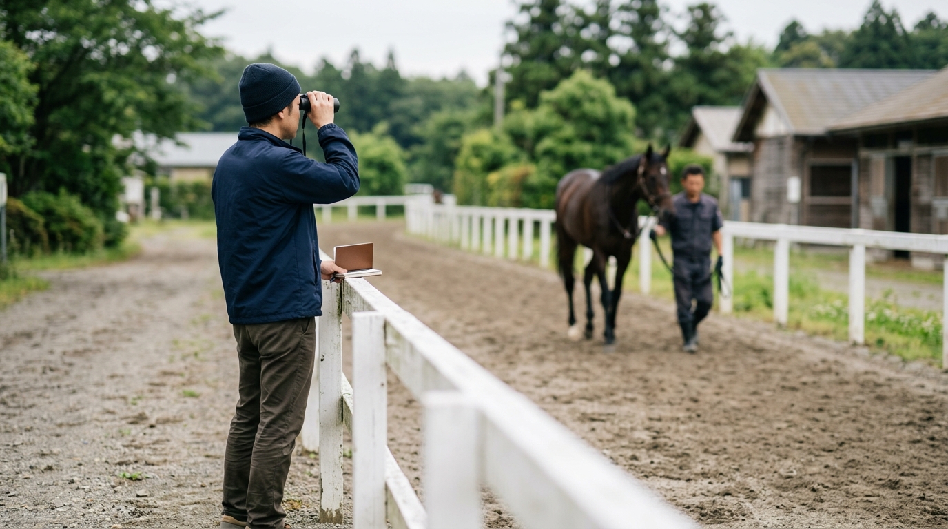 ダービー2026の追い切りを読むために、早朝の調教コースで走る競走馬の動きを真剣に観察する男性を表した競馬分析のイメージ画像