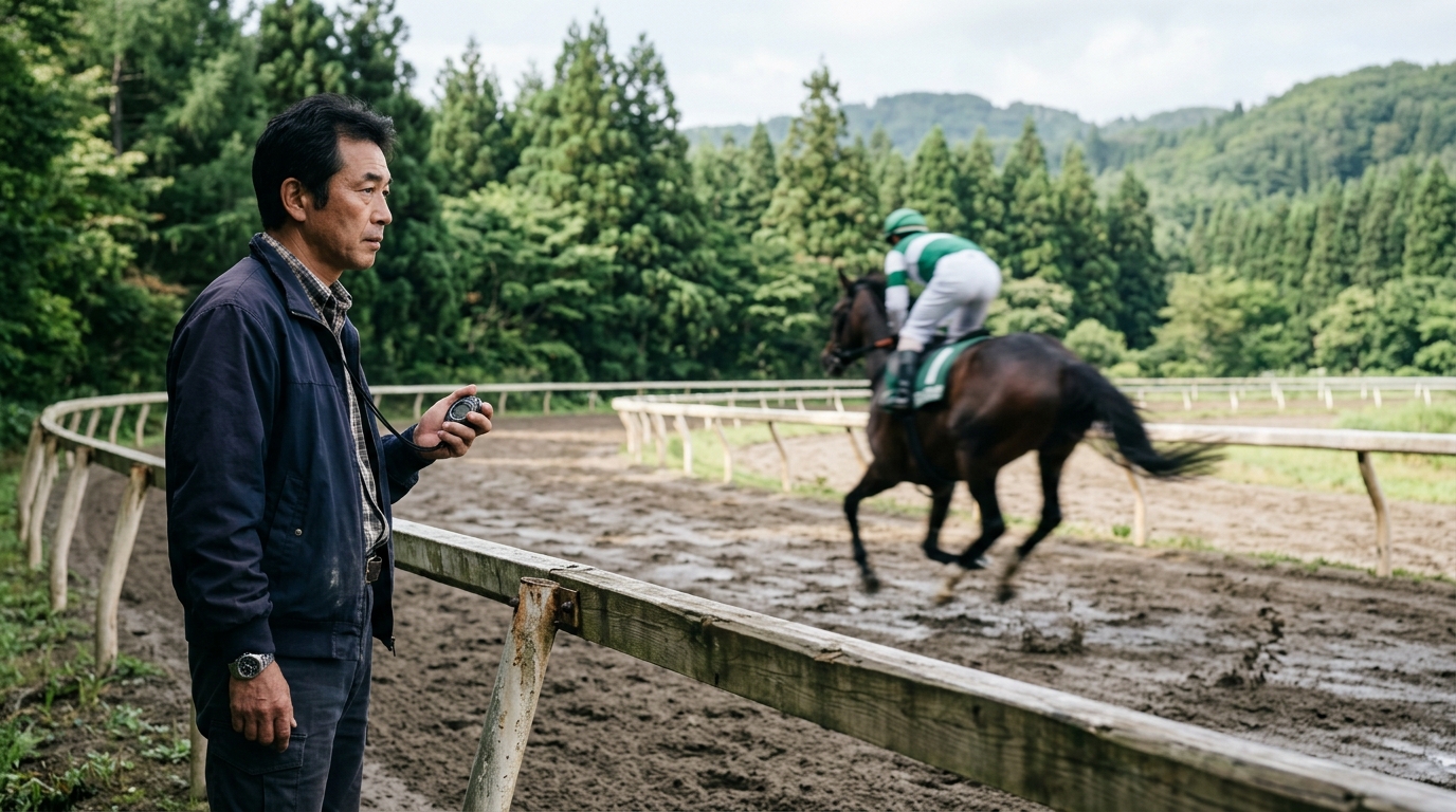 エプソムカップ2026の追い切りを真剣に見極める男性競馬ファンが、調教時計と馬の動きを比較している様子