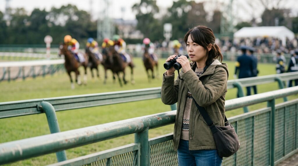 競馬場でレースホースを見つめながらアメリカンペイトリオット産駒の特徴を考察する様子を表すイメージ画像