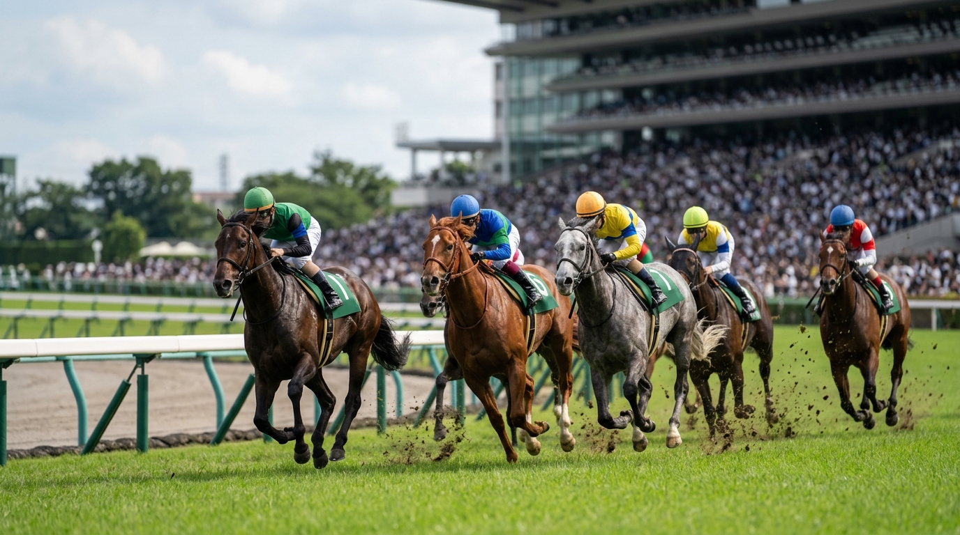 アメリカンペイトリオット産駒の特徴を連想させる競馬場の芝コースとレース前の緊張感を表したイメージ画像