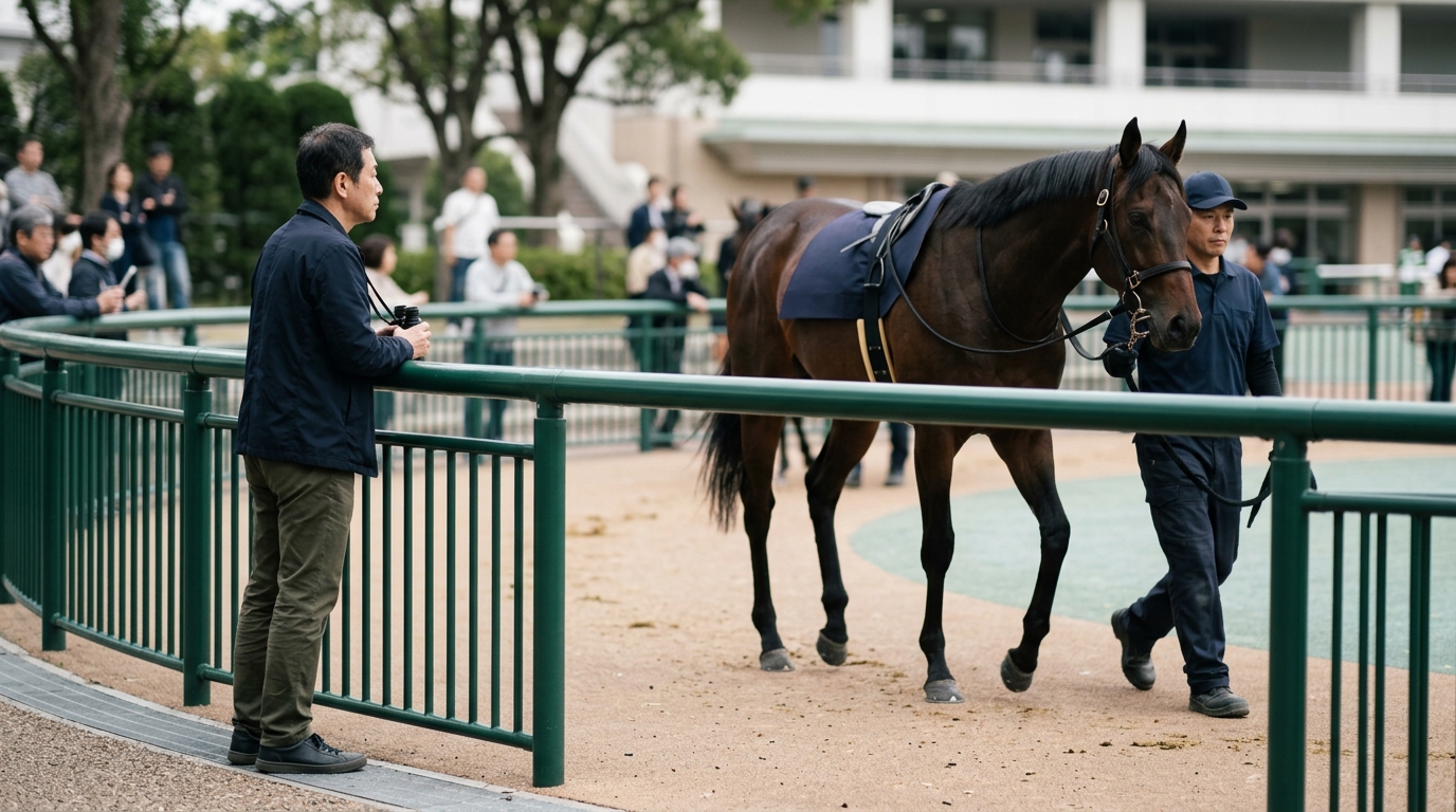 パドックの見方を初心者向けに学ぶため、男性が競走馬の馬体や歩様、発汗の状態を真剣に観察している様子を表すイメージ画像
