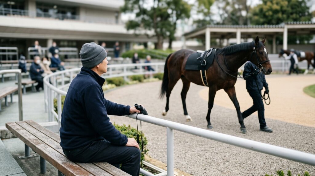 競馬のパドックで出走馬を観察し、馬体や歩様、発汗の状態を確認して予想する様子を表すイメージ画像